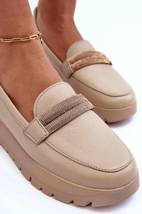 Skórzane Półbuty Na Platformie Z Ozdobą Jasnobeżowe Lemar Lehira