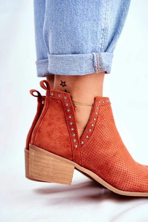 Botki Damskie Na Słupku Zamszowe Ażurowe Pomarańczowe Margate