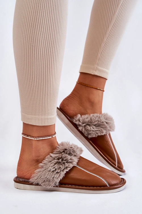 Damskie Skórzane Papcie Z Futerkiem Brązowe Rossa