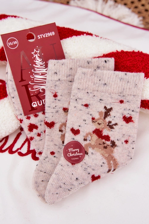 Skarpetki Damskie Świąteczne Z Reniferem I Serduszkami Wełna Alpaka Szare