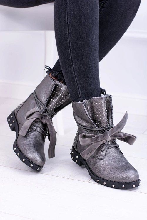 Damskie Botki Ocieplane Z Kolcami i Dżetami Srebrne Neso