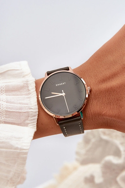 Damski Skórzany Analogowy Zegarek Bez Niklu Ernest Czarny E94195