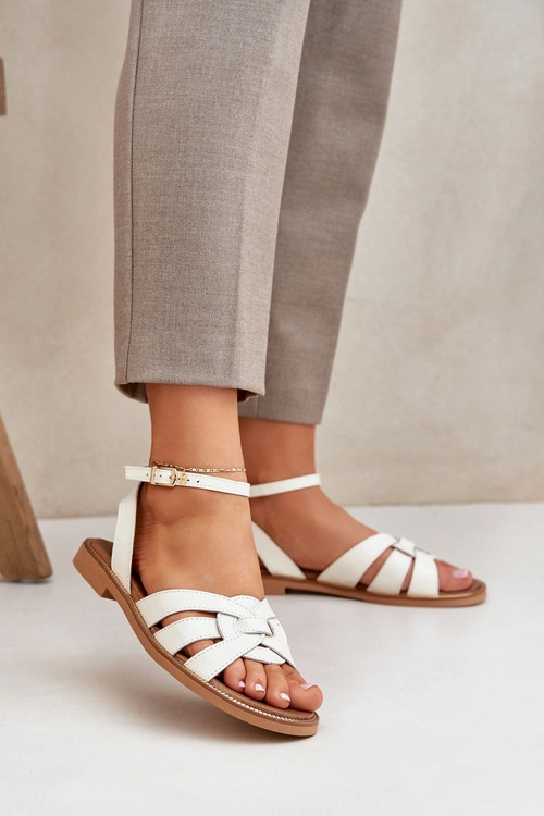 Skórzane Sandały Damskie Na Płaskim Obcasie Zazoo 3688 Ecru