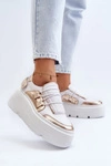 Zazoo 1833 Sneakersy Damskie Skórzane Na Masywnej Podeszwie Biało-Złote 