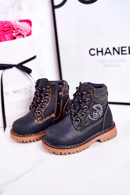 Dziecięce Ocieplane Botki Traperki Na Gumowej Podeszwie Granatowe Bobby