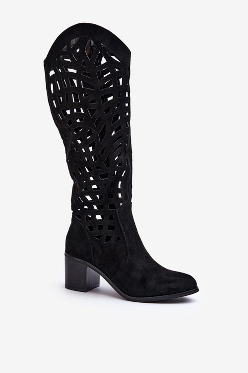 Ażurowe Kozaki Na Obcasie Czarne Pinkema