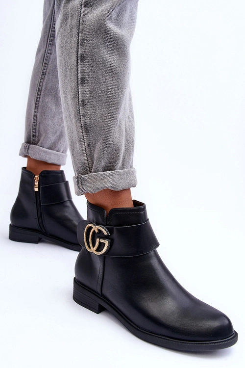 Skórzane Botki Z Ozdobą Czarne Galos