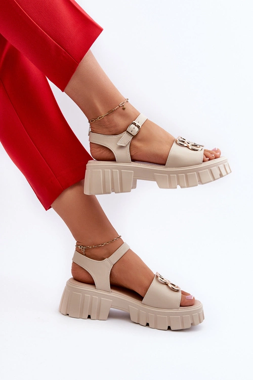 Skórzane Sandały Damskie Ze Złotą Ozdobą Beżowe Vinceza 7910