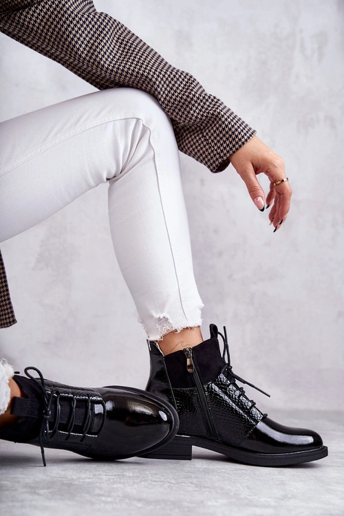 Lakierowane Ocieplane Botki Sznurowane Czarne Cathrine