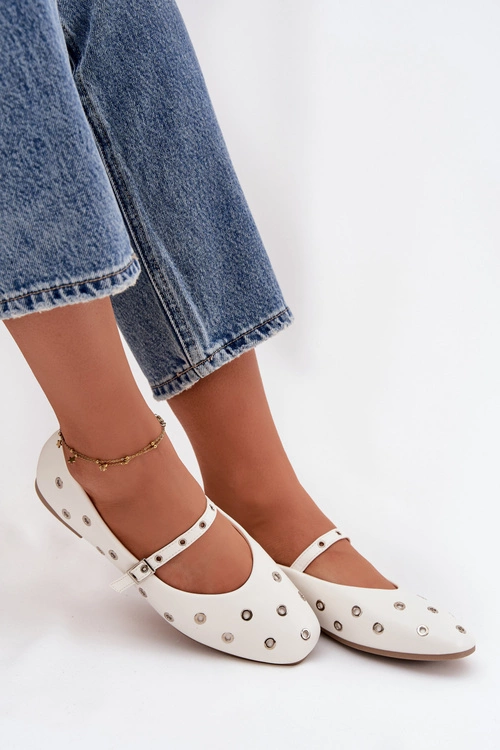 Baleriny Damskie Ze Srebrnymi Elementami Białe Marivon