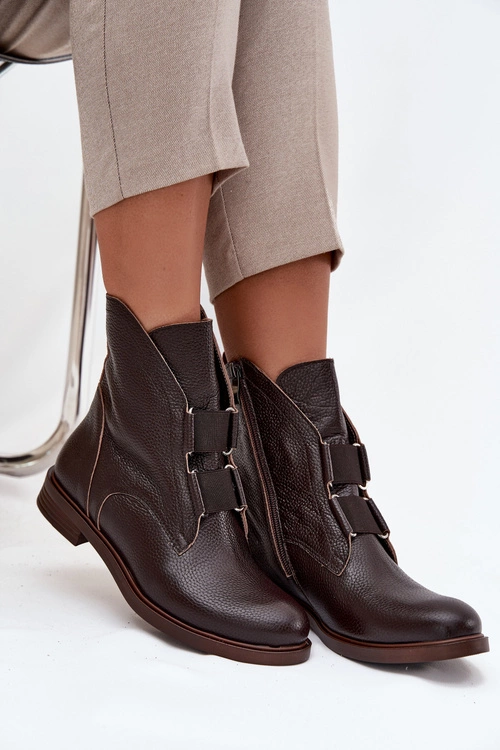 Botki Damskie Z Naturalnej Skóry Na Płaskim Obcasie Zazoo 3842 Czekoladowe