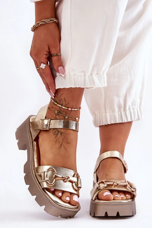 Damskie Skórzane Sandały Z Ozdobą Złote Emori