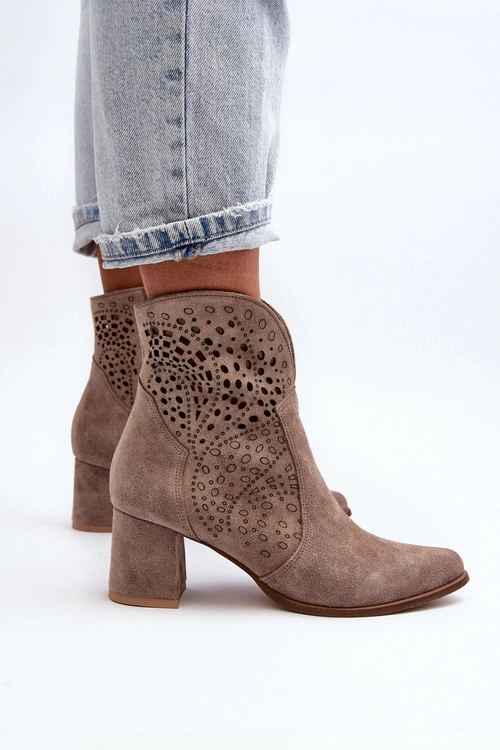 Zazoo 3166/P Damskie Ażurowe Botki Na Obcasie Zamszowe Beżowe