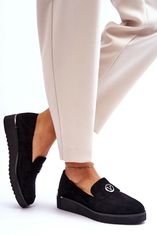 Damskie Zamszowe Mokasyny Na Niskim Koturnie Czarne Synthia