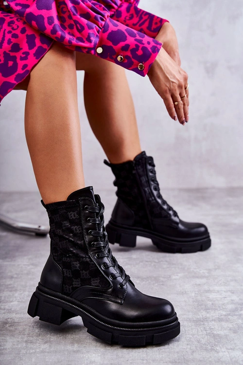 Wysokie Damskie Botki Wiązane Czarne Verlon