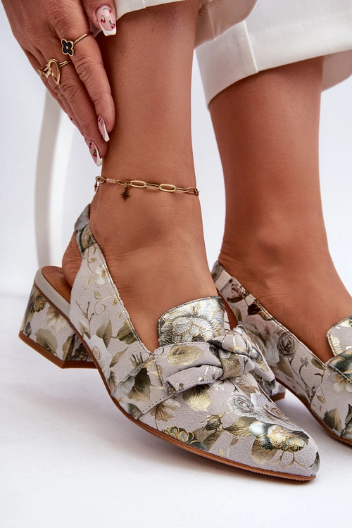 Damskie Skórzane Sandały Na Niskim Obcasie W Kwiaty Maciejka N6539-38 Zielone