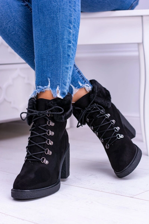 Czarne Damskie Botki Z Futerkiem Na Słupku Influence