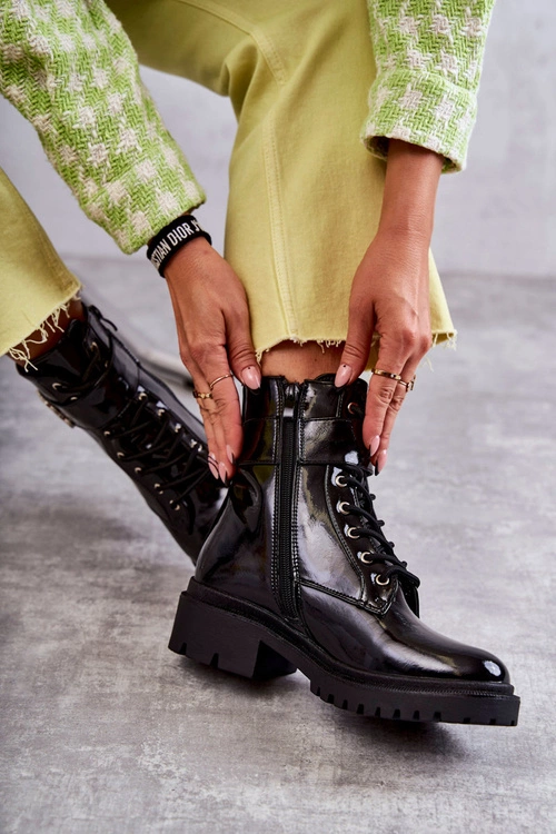 Lakierowane Damskie Ocieplane Botki Z Ozdobą Czarne Hayes