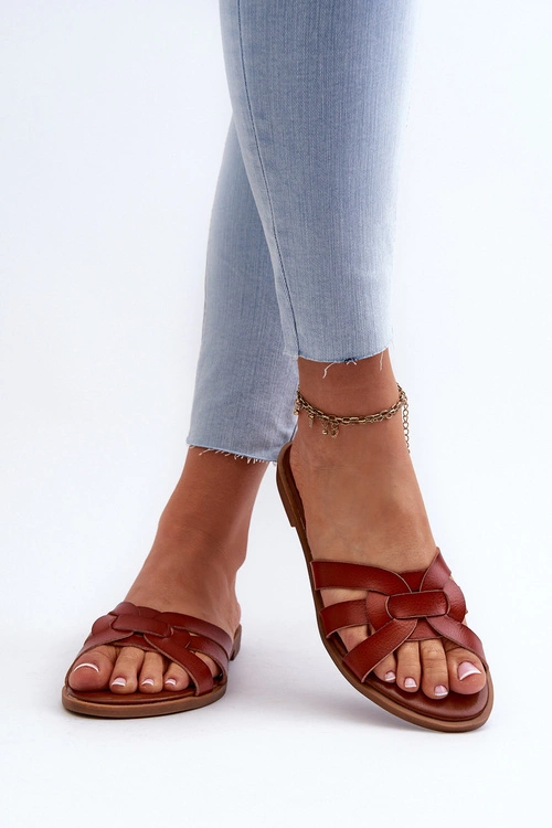 Damskie Klapki Na Płaskim Obcasie Z Eko Skóry Brązowe Rosalini