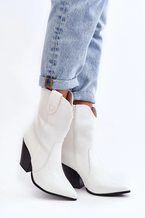 Damskie Botki Kowbojki Na Obcasie Białe Melaitia