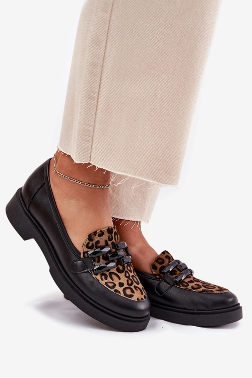 Skórzane Mokasyny Z Ozdobą I Panterką Laura Messi 2965 Czarne