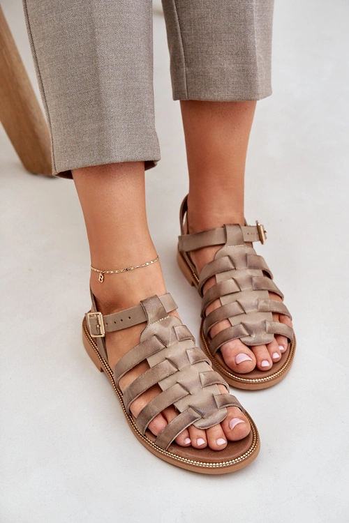 Skórzane Sandały Na Płaskim Obcasie Zazoo 3686 Ciemnobeżowe