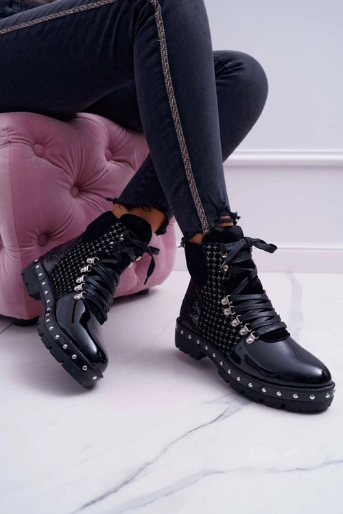 Botki Damskie Płaski Obcas Czarne Farell