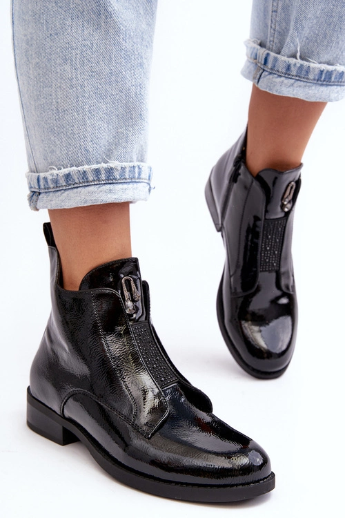 Lakierowane Botki Damskie Na Płaskim Obcasie Ocieplane Czarne S.Barski HY75-120 Czarne