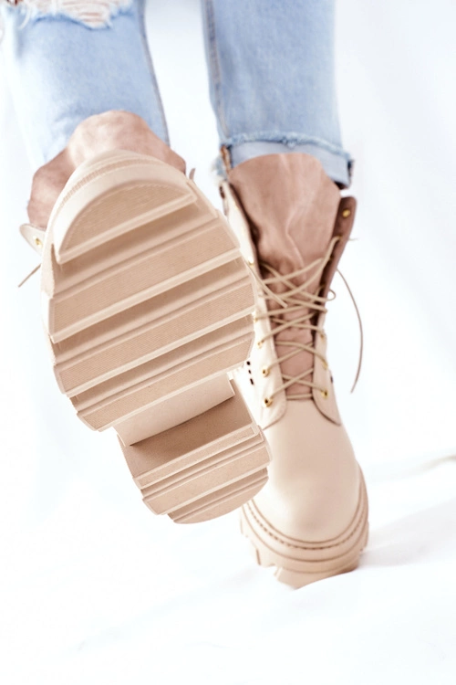 Damskie Skórzane Ażurowe Botki Trapery Beżowe Small Hootie