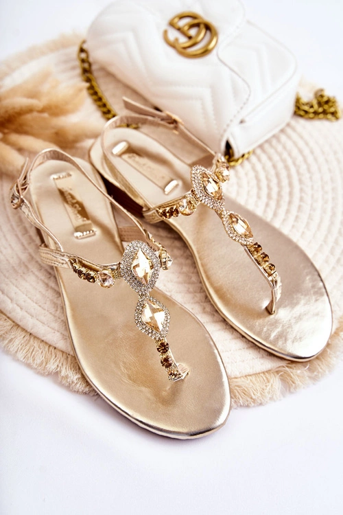 Damskie Modne Sandały Japonki Z Ozdobnymi Dżetami Złote Bellia