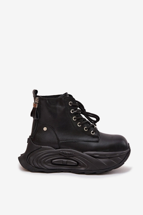 Skórzane Ocieplane Botki Damskie Na Platformie GOE SS2N4301 Czarne