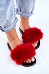 Klapki Damskie z Naturalnym Futerkiem Czerwone Bushido