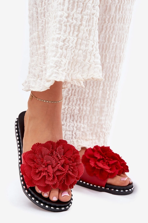 Klapki Damskie Z Materiałowymi Kwiatami Czerwone Elachase