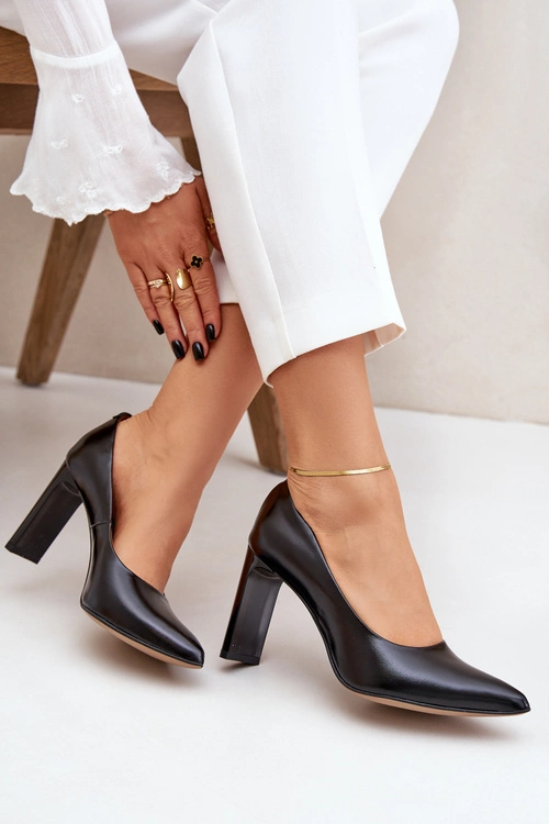 Eleganckie Czółenka Ze Skóry Naturalnej Na Słupku Lewski 2659/2043 Czarne