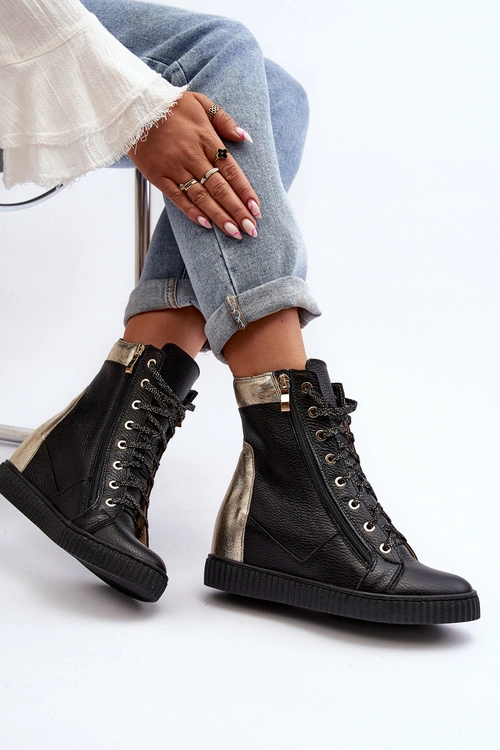 Zazoo 3081 Skórzane Trampki Damskie Na Koturnie Czarne