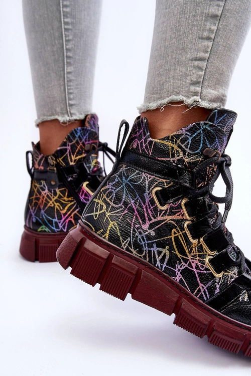 Skórzane Płaskie Sznurowane Botki Maciejka 06158-01 Czarne