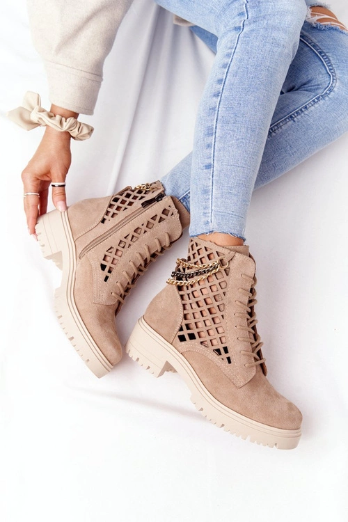 Ażurowe Botki Workery Lewski Shoes 3030-0 Piaskowe