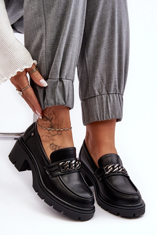 Skórzane Damskie Półbuty Na Niskim Obcasie Czarne Blimma