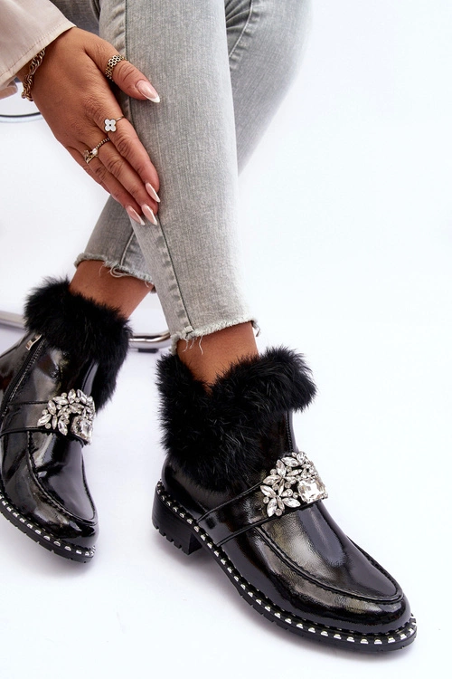 Lakierowane Botki Z Ozdobą I Futerkiem S.Barski MR870-73 Czarne