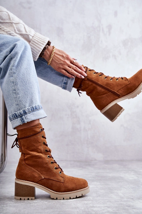 Damskie Ocieplane Botki Trapery Na Obcasie Camel Julieta