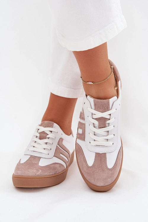 Skórzane Sneakersy Damskie Vinceza 79557 Biało-Beżowe