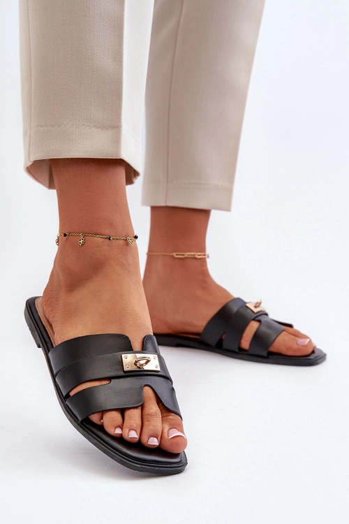 Klapki Damskie Płaskie Z Ozdobą Czarne Kavinia