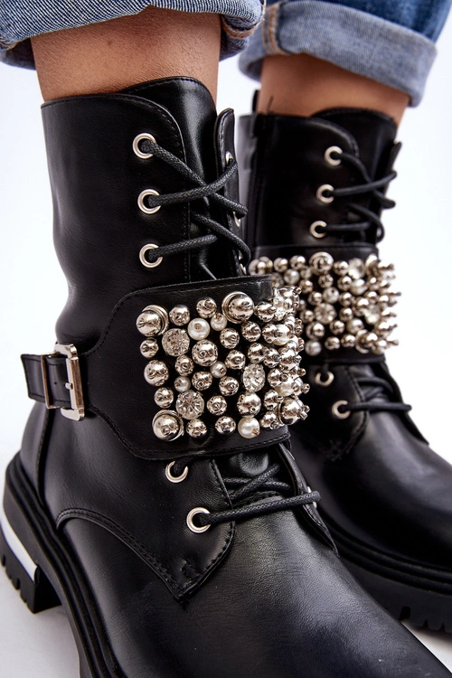 Damskie Ocieplane Botki Workery Zdobione Czarne Lennen