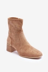 Zamszowe Ażurowe Botki Na Obcasie Ciemnobeżowe Perale