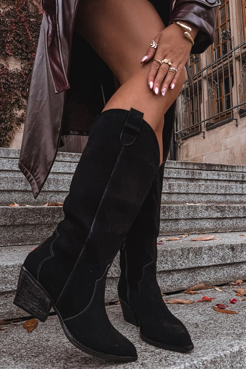 Skórzane Zamszowe Kozaki Kowbojki Damskie Ocieplane Czarne Urselle