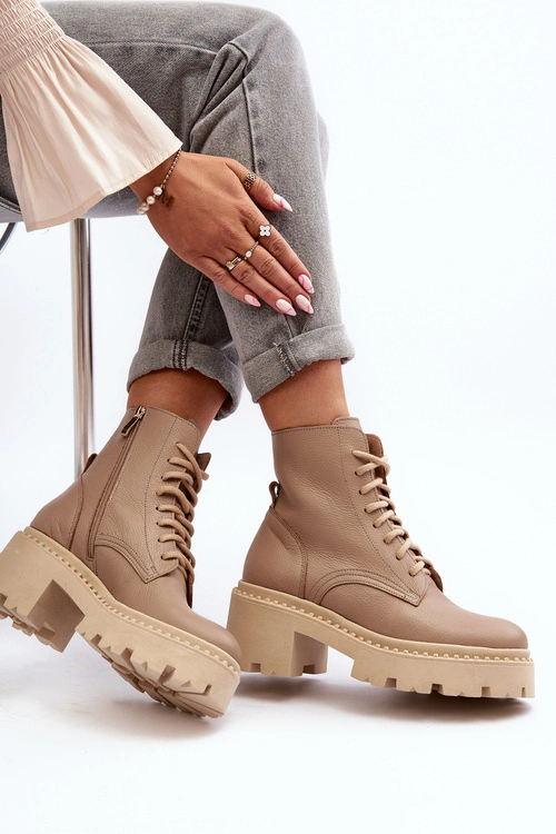 Zazoo 3413 Damskie Skórzane Botki Workery Na Masywnym Obcasie Beżowe