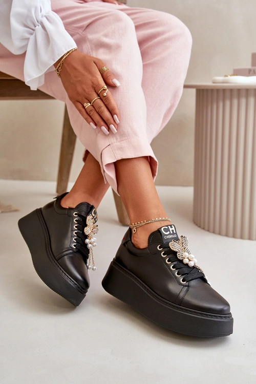 Damskie Skórzane Sneakersy Na Platformie Z Motylem CheBello 4585 Czarne