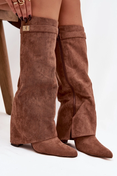 Kozaki Eko Zamszowe Obcas Słupek Na Zamek Ocieplane Wywinięta Cholewka Ciemnobeżowe Evyra