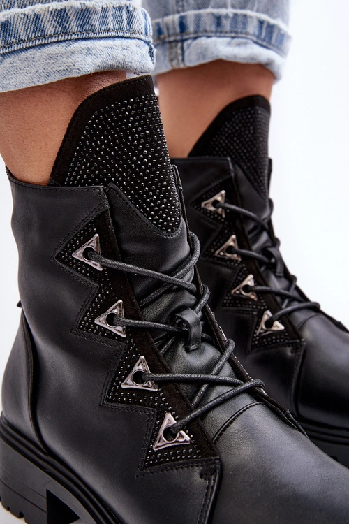 Skórzane Ocieplane Botki Z Dżetami Czarne Gwen S.Barski HY93-52A