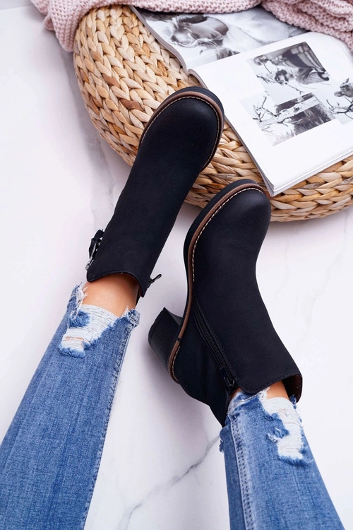 Damskie Botki Na Słupku Ocieplane Filcem Czarne Delia